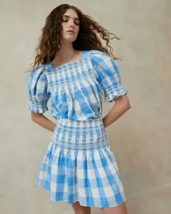 Loeffler Randall Gilles Blue Gingham Smocked Skirt