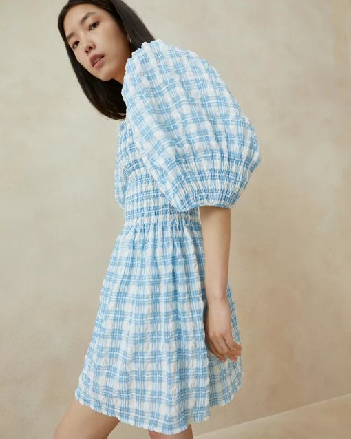 Loeffler Randall Jules Blue Plaid Smocked Dress