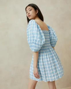 Loeffler Randall Jules Blue Plaid Smocked Dress