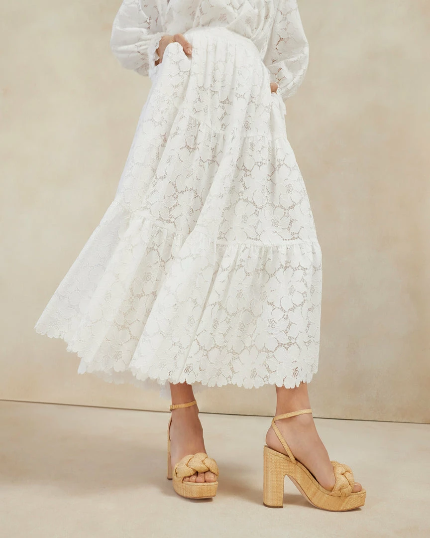 Loeffler Randall New Arrivals Luna Cream Lace Tiered Skirt