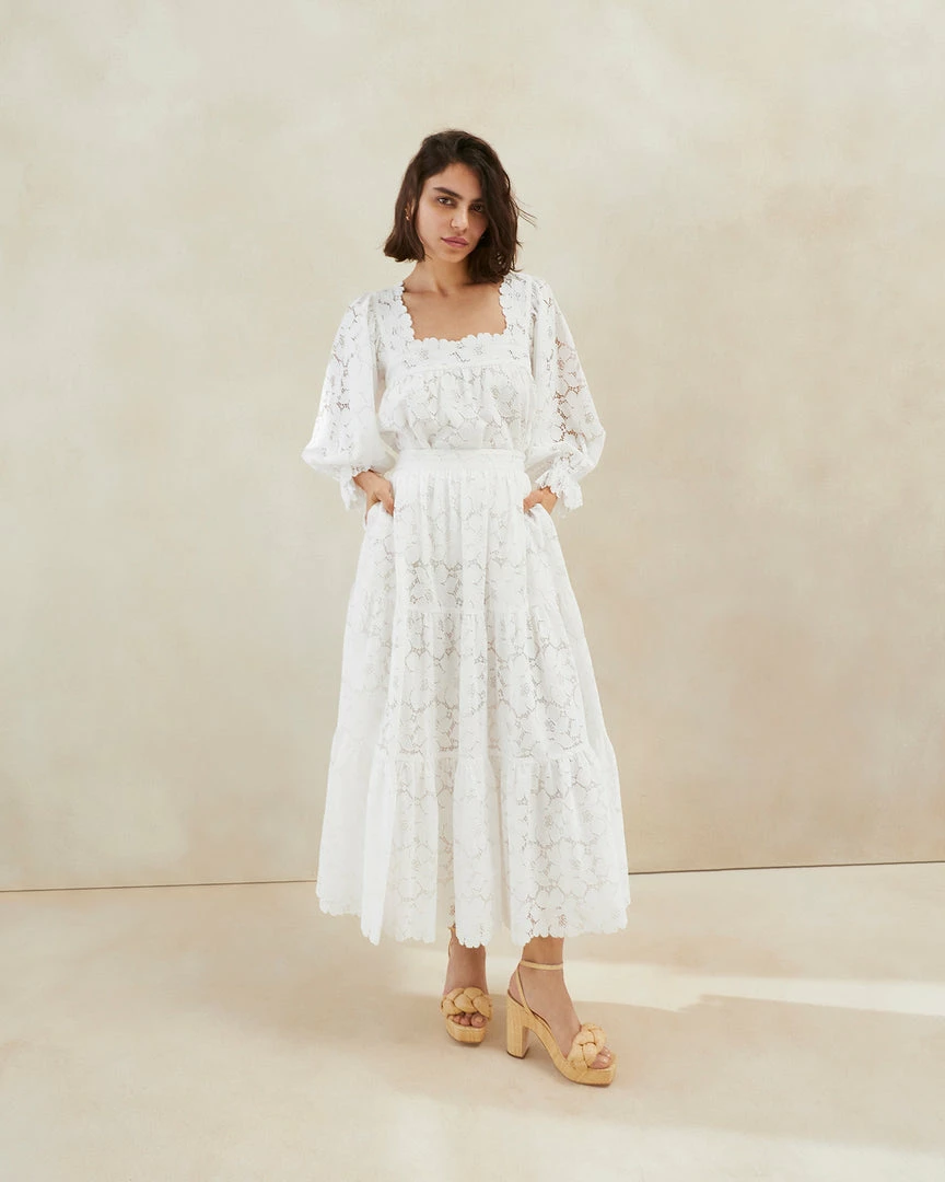 Loeffler Randall New Arrivals Luna Cream Lace Tiered Skirt