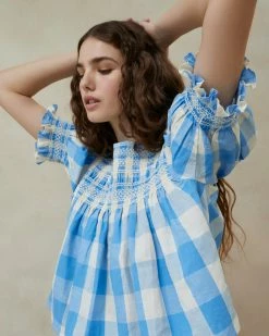 Loeffler Randall Lydie Blue Gingham Smocked Top New Arrivals