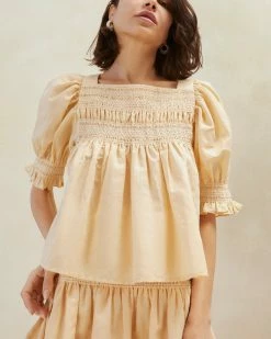 Loeffler Randall Lydie Sand Ecru Smocked Top New Arrivals