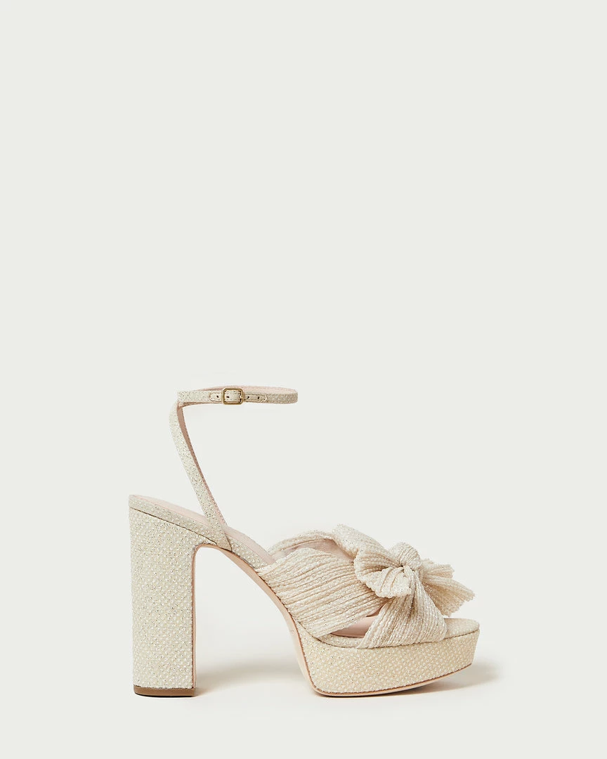 Loeffler Randall Natalia Cream Sparkle Platform Bow Heel Pleats