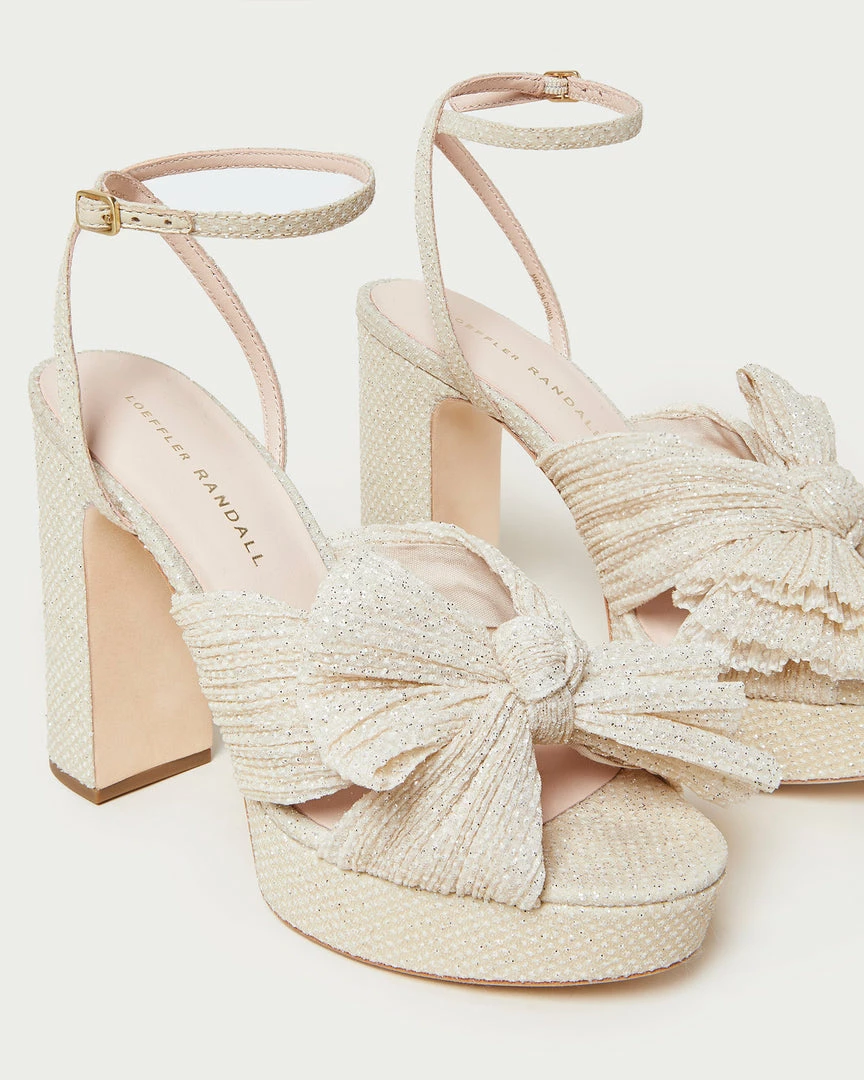 Loeffler Randall Natalia Cream Sparkle Platform Bow Heel Pleats