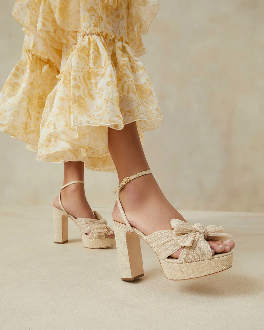 Loeffler Randall Natalia Cream Sparkle Platform Bow Heel Pleats