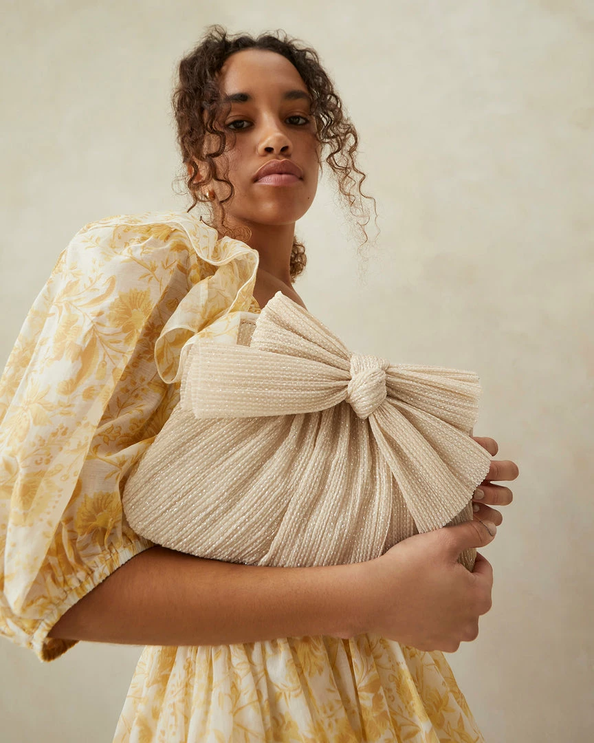 Loeffler Randall Rayne Cream Sparkle Bow Clutch Pleats