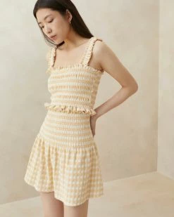 Loeffler Randall New Arrivals Siena Tan Gingham Smocked Skirt
