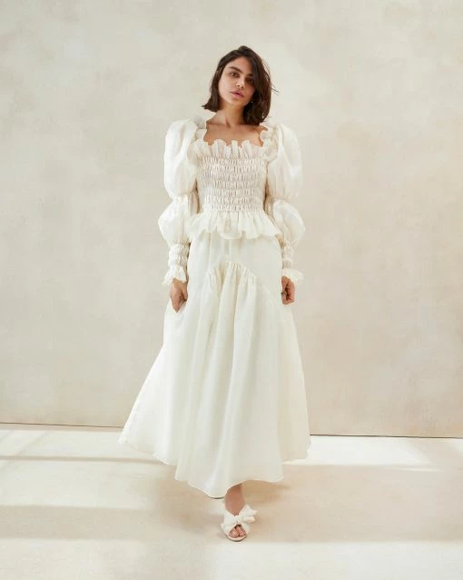 Loeffler Randall Suzette Cream Smocked Organza Dress