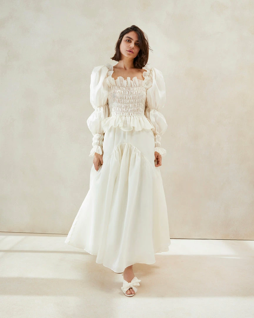 Loeffler Randall Suzette Cream Smocked Organza Dress